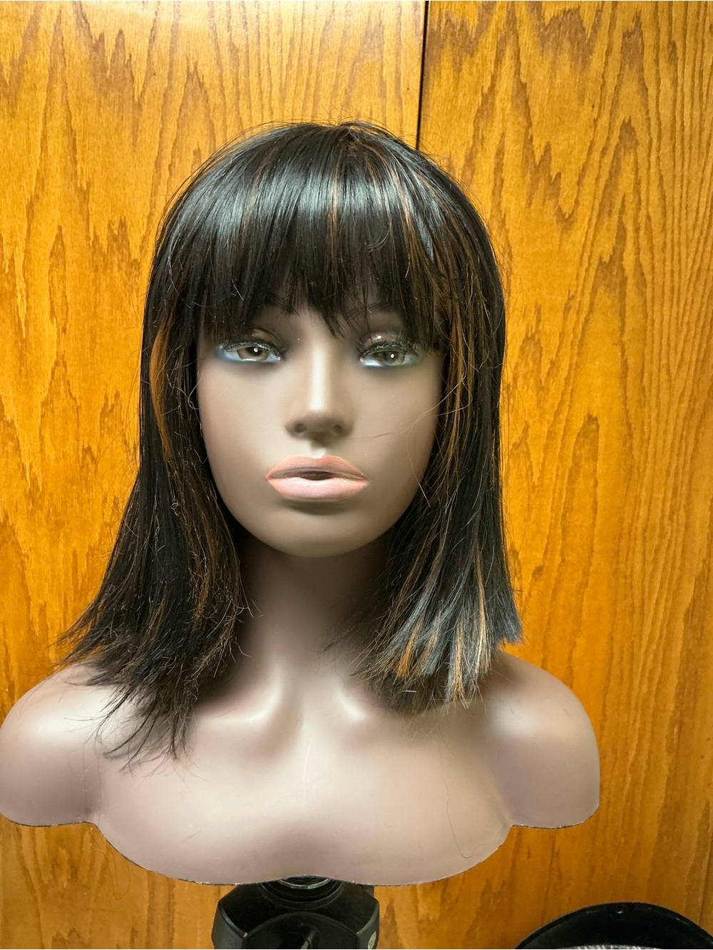 Women's Straight Synthetic Wig with Bangs in Dark Brown with Honey Highlights